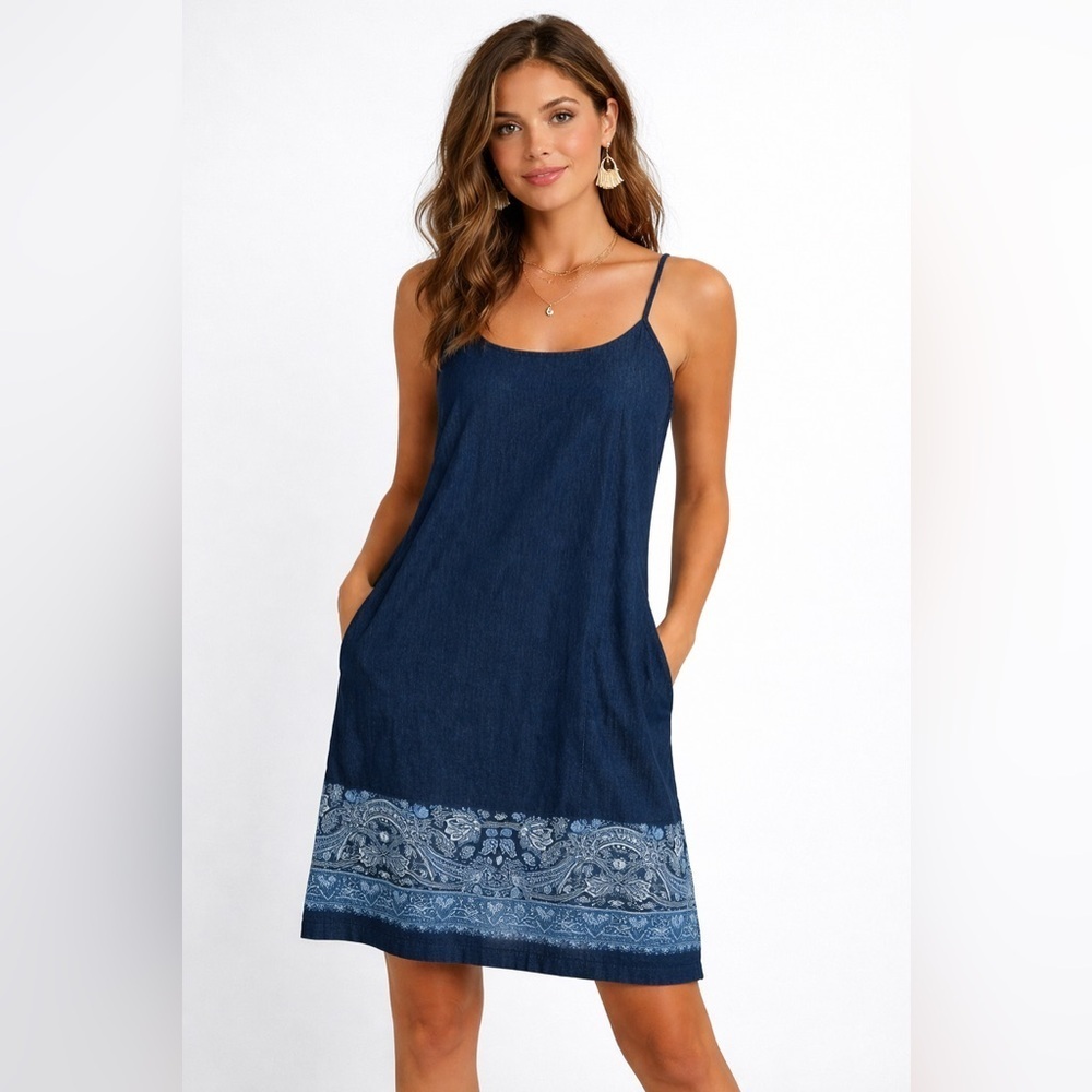 Vintage Denim Like Navy Blue Dress with Floral Paisley Hem Western Boho 14W
